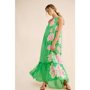 Farm Rio - Elegant Floral Satin Maxi Dress, Green & Pink, size S